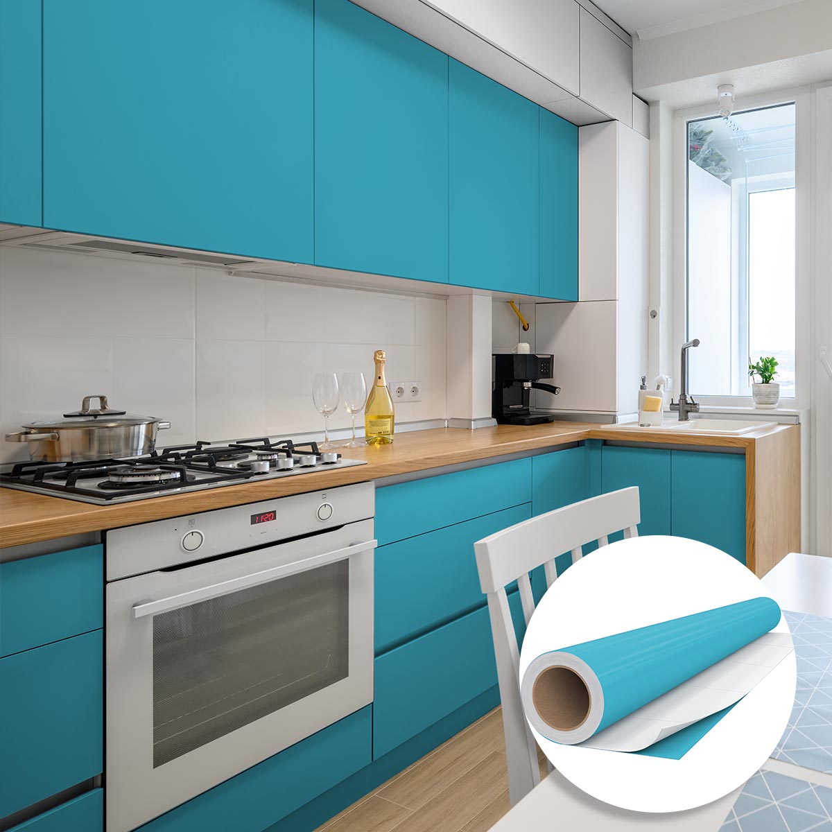 Rotolo adesivo in vinile impermeabile al metro - Adesivo lavabile per cucina, mobili, armadi, porte - 60cmx50m - Cielo blu - 4