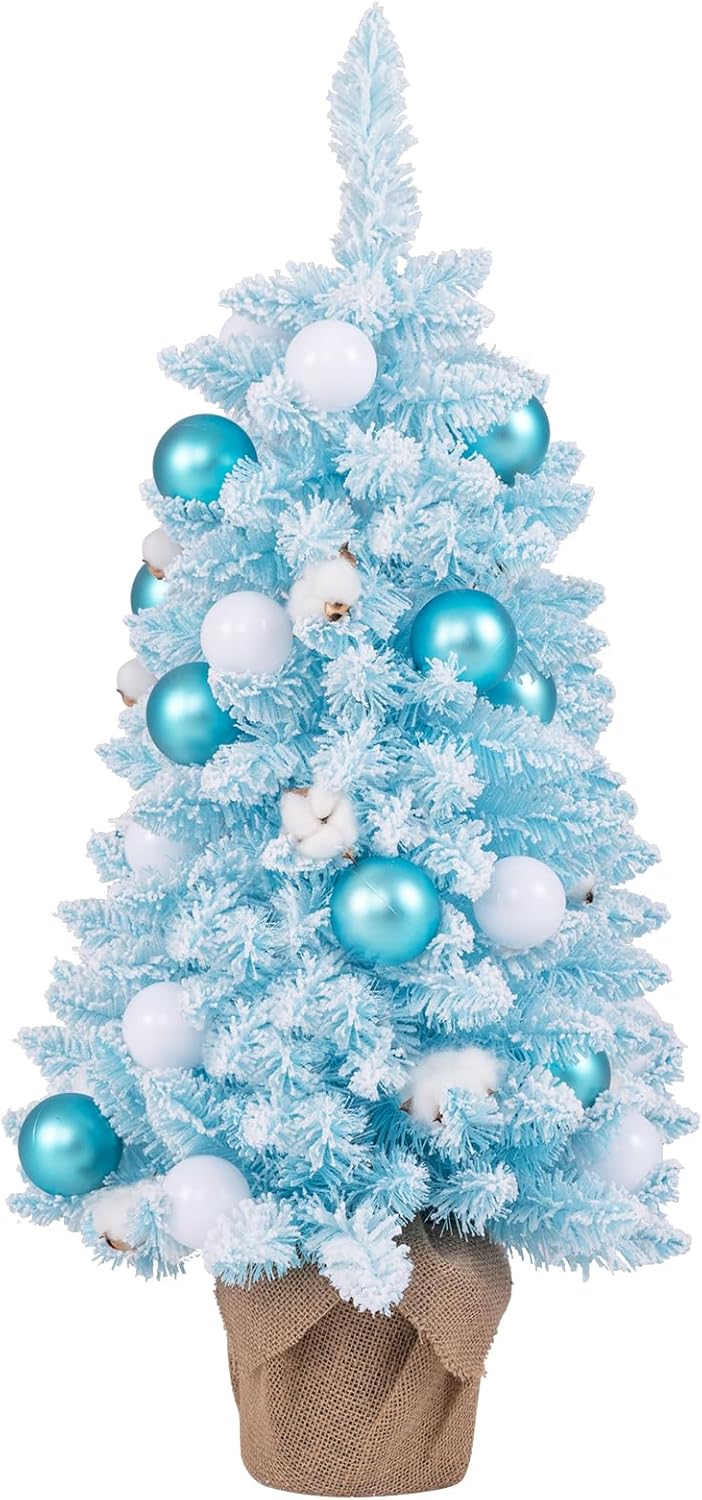 Mini Sztuczna Choinka Bożonarodzeniowa 90 cm, Mała Choinka Dekoracyjna z Bawełnianymi Kulkami, Sztuczna Roślina w Doniczce, 163 Gałęzie, Niebieska