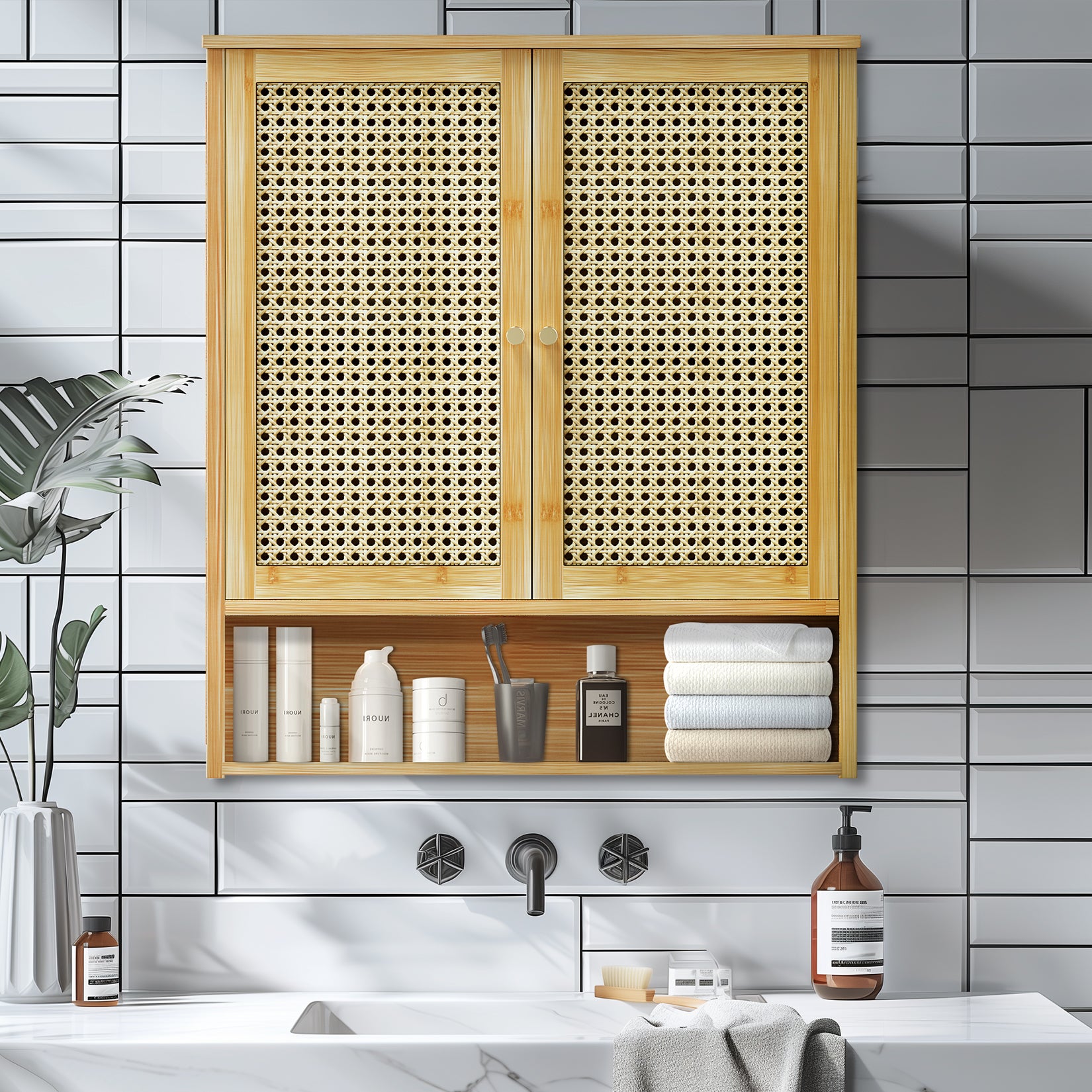 Armoire Salle de Bain, 59x20.5x66.5cm, Armoire Toilette Suspendu avec Étagères Réglables, Bambou Naturel - 2