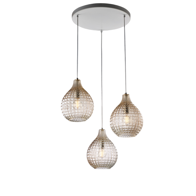 Lampa wisząca Diamante z białego żelaza i chromowanej ramy, regulowane kable, bursztynowe klosze z dmuchanego szkła z efektem kryształu, 3 światła