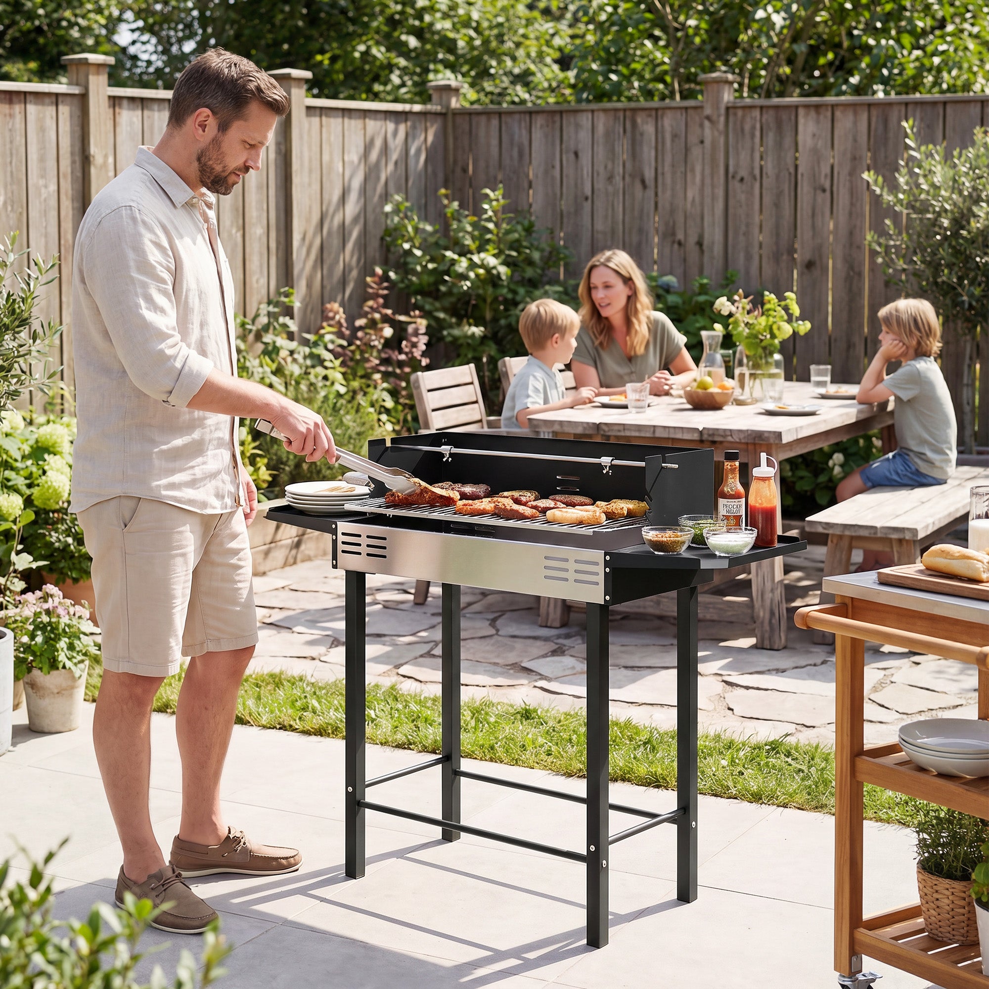Barbecue a Carvão Outsunny Aço Inoxidável e Metal Preto e Prata 118x32x90 cm - 8