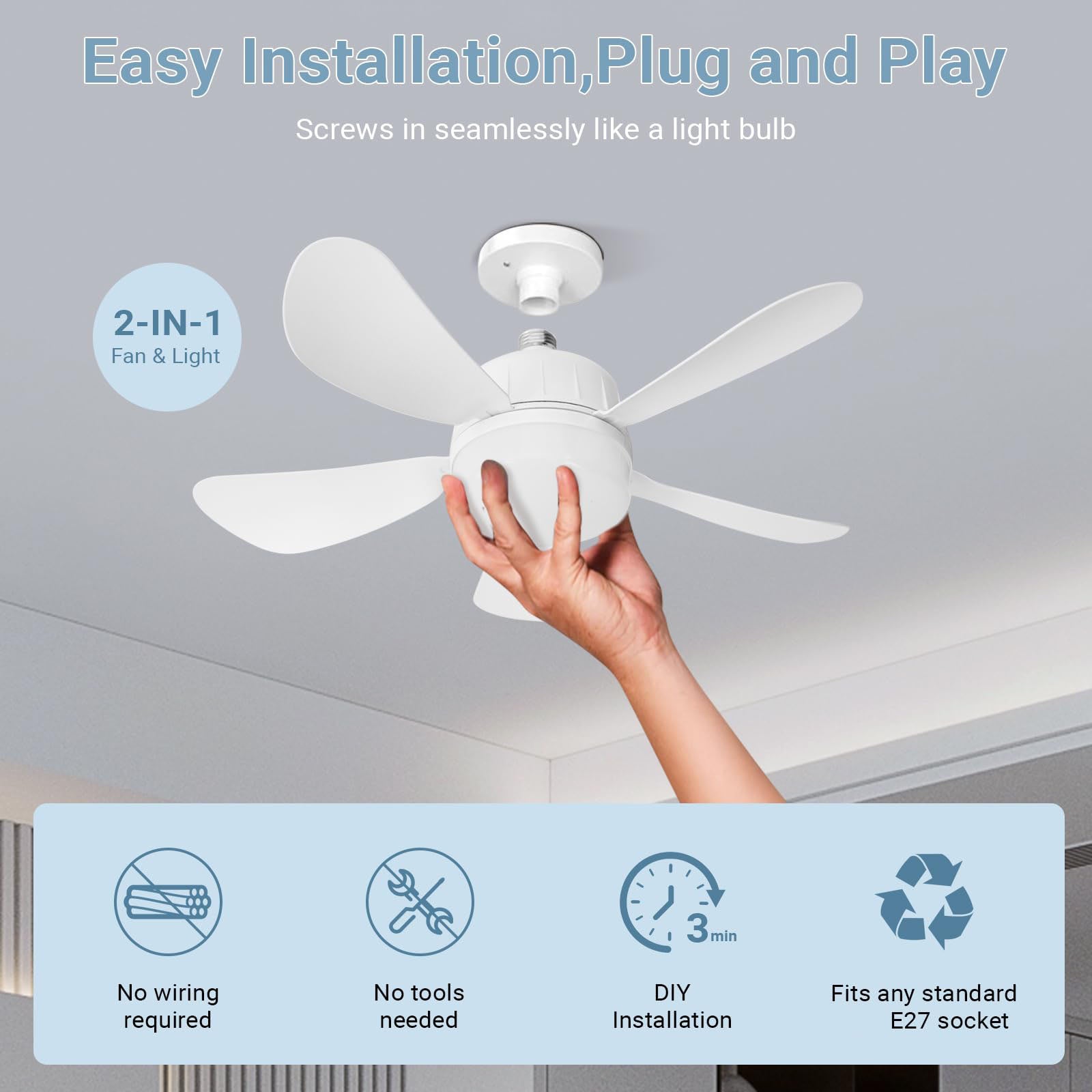 Ventilateur de plafond LED avec télécommande et éclairage | Ventilateur de chambre 23 W | 3 vitesses, 3 modes d'éclairage | Culot E27 |85-265 V - 6