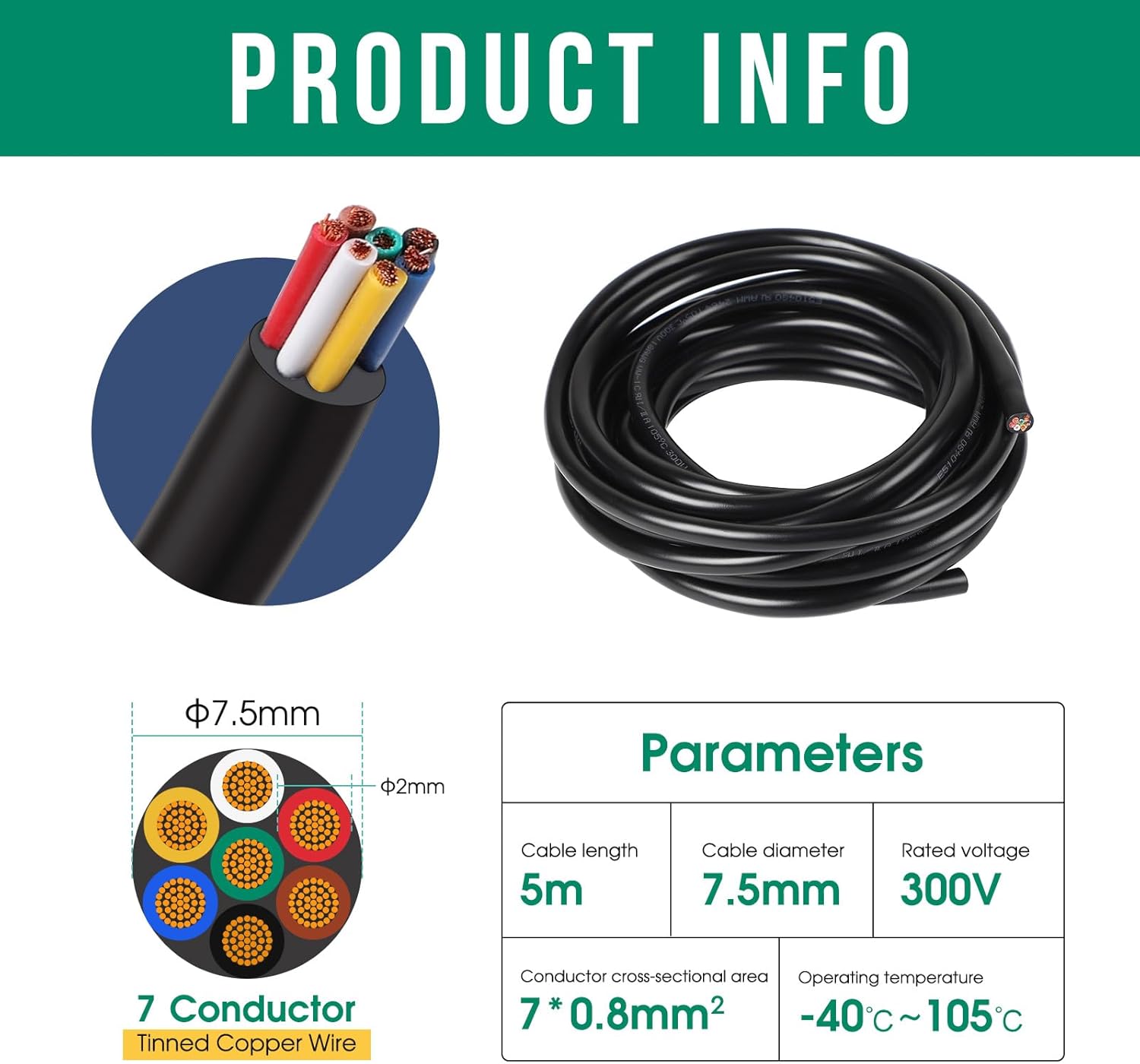 Câble 7 Conducteurs pour Remorque - 5m, Câble Électrique 0.8mm², Faisceau 7 Broches - 2