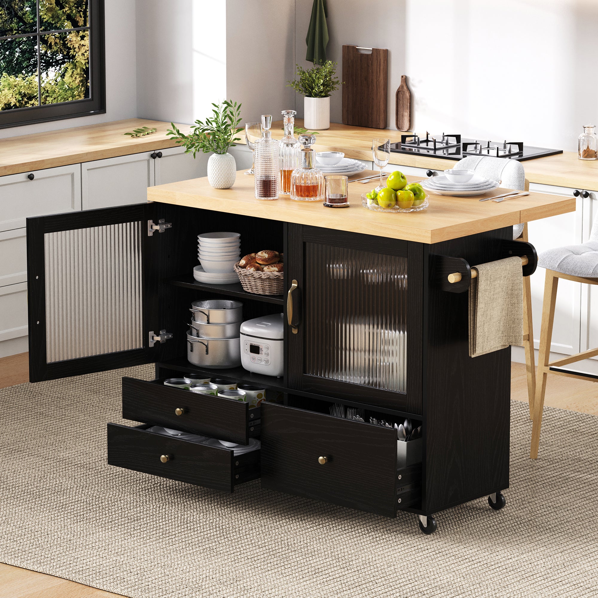 Mobilna wyspa kuchenna z 3 szufladami i 2 drzwiami - 100 x 42/70 x 91,5 cm - MDF - Rozkładany blat - Czarny + naturalny - 4