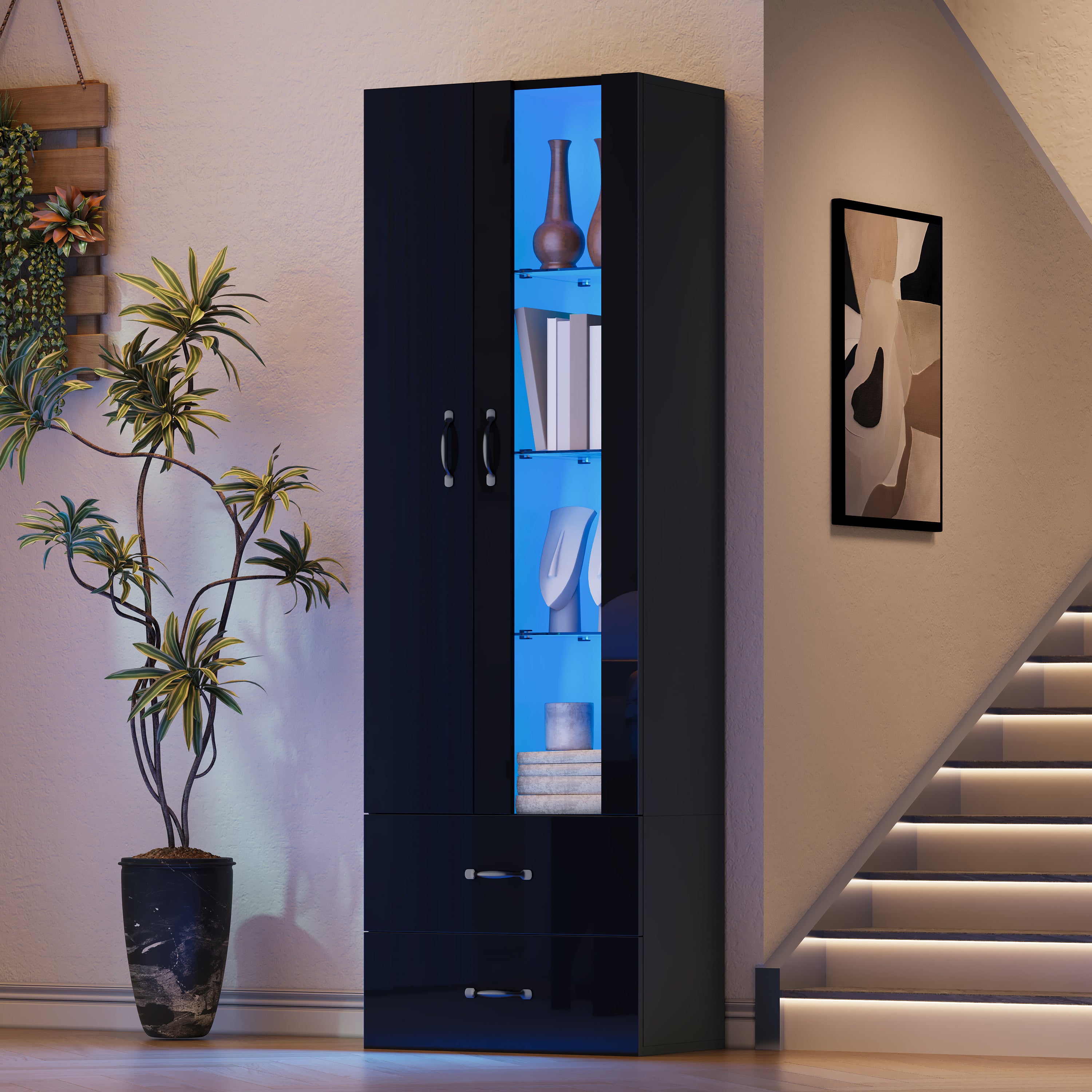 Stilvora  Vitrina Transparente Con Iluminación Led, 2 Puertas/2 Cajones, 59,5 X 35 X 182 Cm, Tablero De Partículas, Color Negro , Leroy Merlin