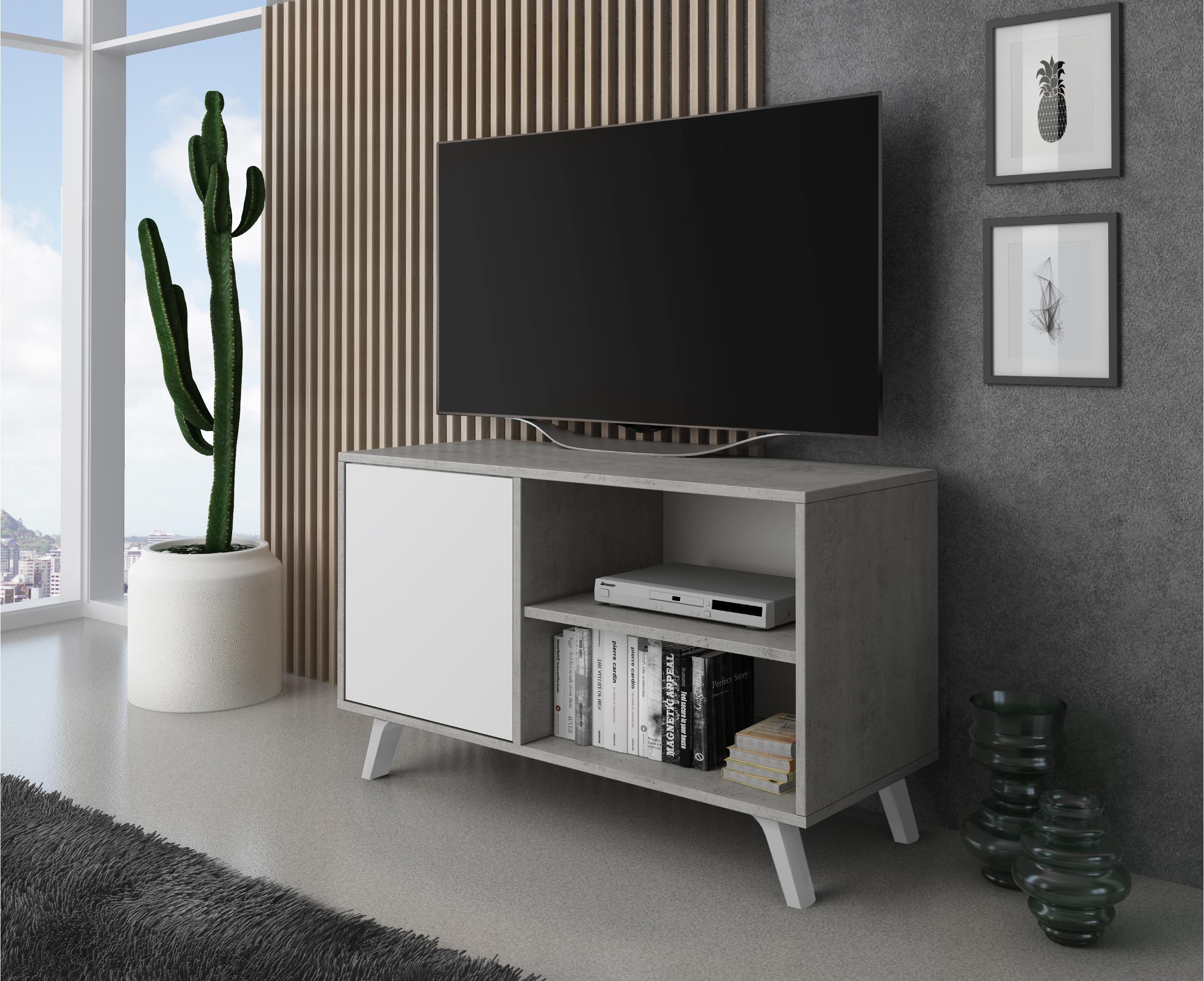 Meuble TV 140 Cm ELI Bois Effet Hêtre Et Blanc - 2 Placards, 1 Abattant, 1 Niche - Dimensions 140x40x31,5 Cm - À Monter Soi-même