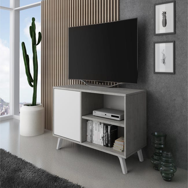 Meuble TV 140 Cm ELI Bois Effet Hêtre Et Blanc - 2 Placards, 1 Abattant, 1 Niche - Dimensions 140x40x31,5 Cm - À Monter Soi-même