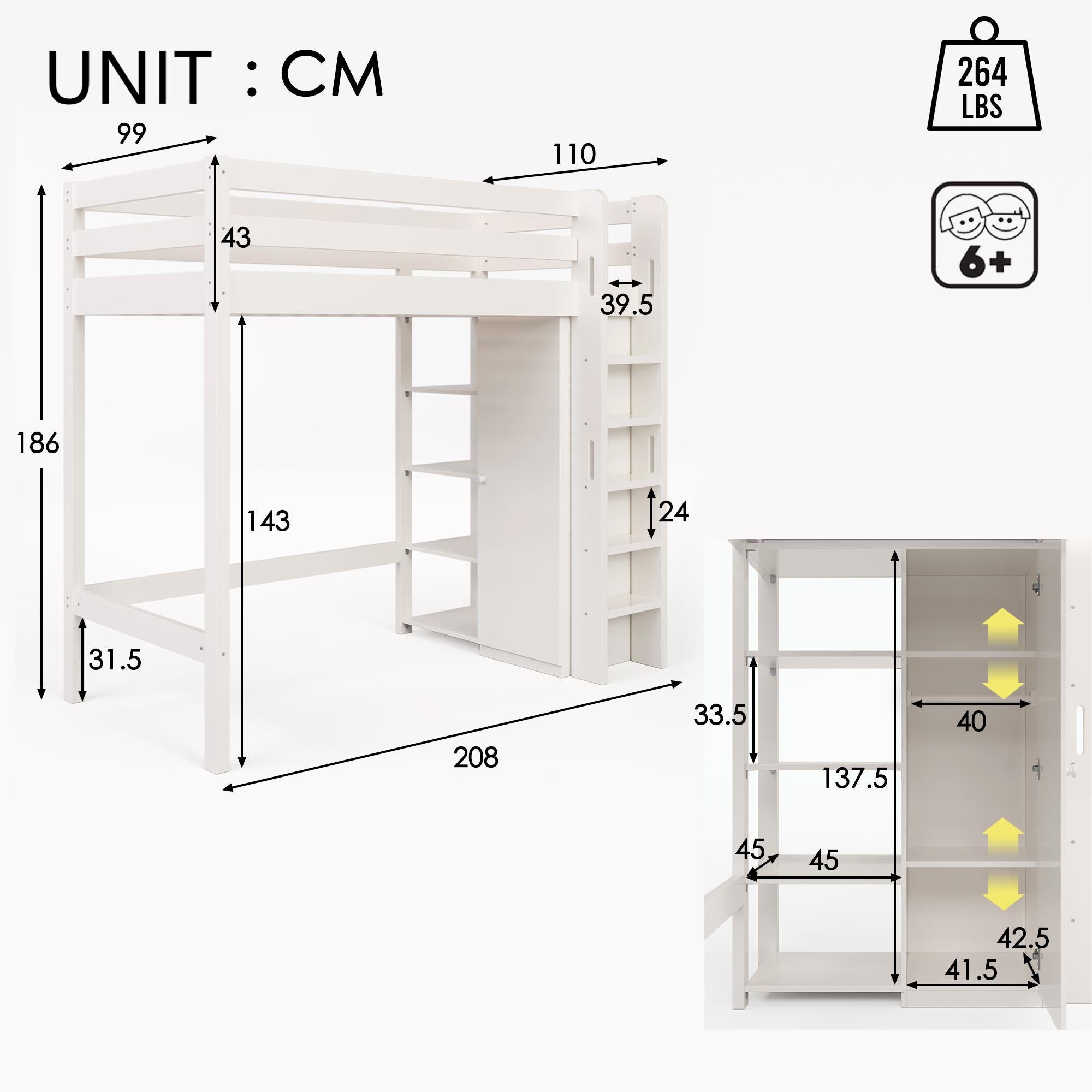 Lit mezzanine 90x200cm en bois - avec une armoire et étagères - Blanc - 5