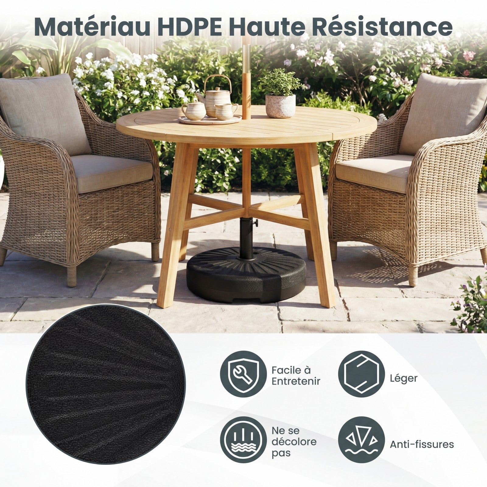 Base pour Parasol Rond 51 cm, Diamètre du Mât jusqu'à 38, 48 mm, Support pour Parasol Remplissable d'Eau et Sable avec 2 Raccords, Porte-mât en Métal - 6