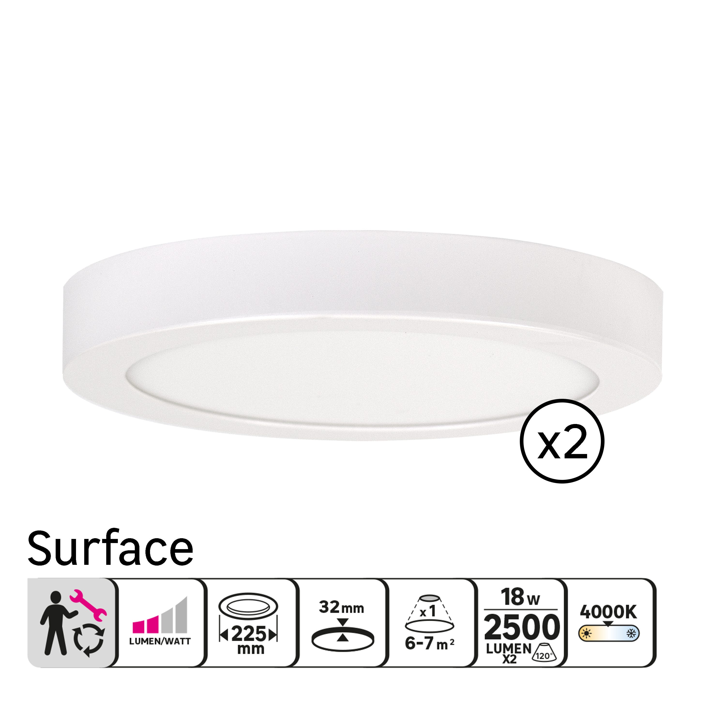 INSPIRE - Conjunto de 2 focos fixos SURFACE L - Focos LED Ø 22,5 cm - 2500 LM - 4000K - Branco neutro - Branco - 2