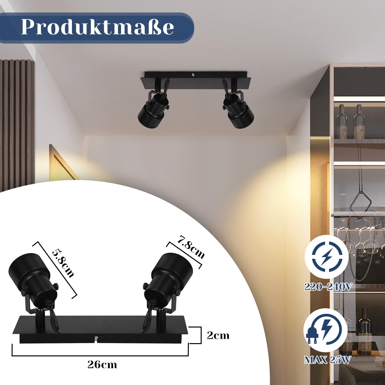 NETTLIFE Foco de techo vintage negro GU10 Lámpara de cocina para 2 llamas ajustables Vintage 350° - 4