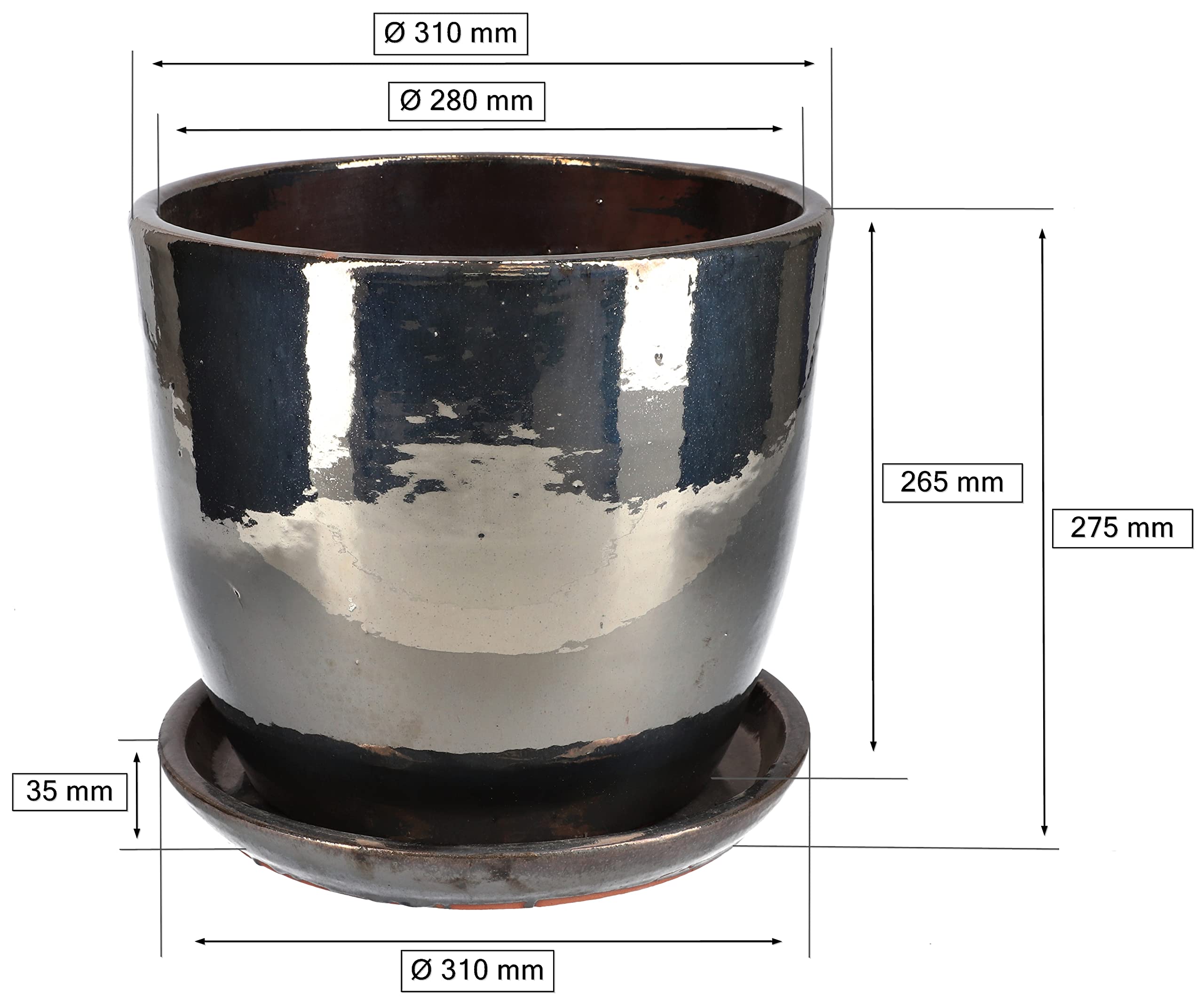 Pot de Fleurs de Jardin Ø 31 cm en Céramique Émaillée Graphite avec Bac d'Égouttement - KOTARBAU - 2