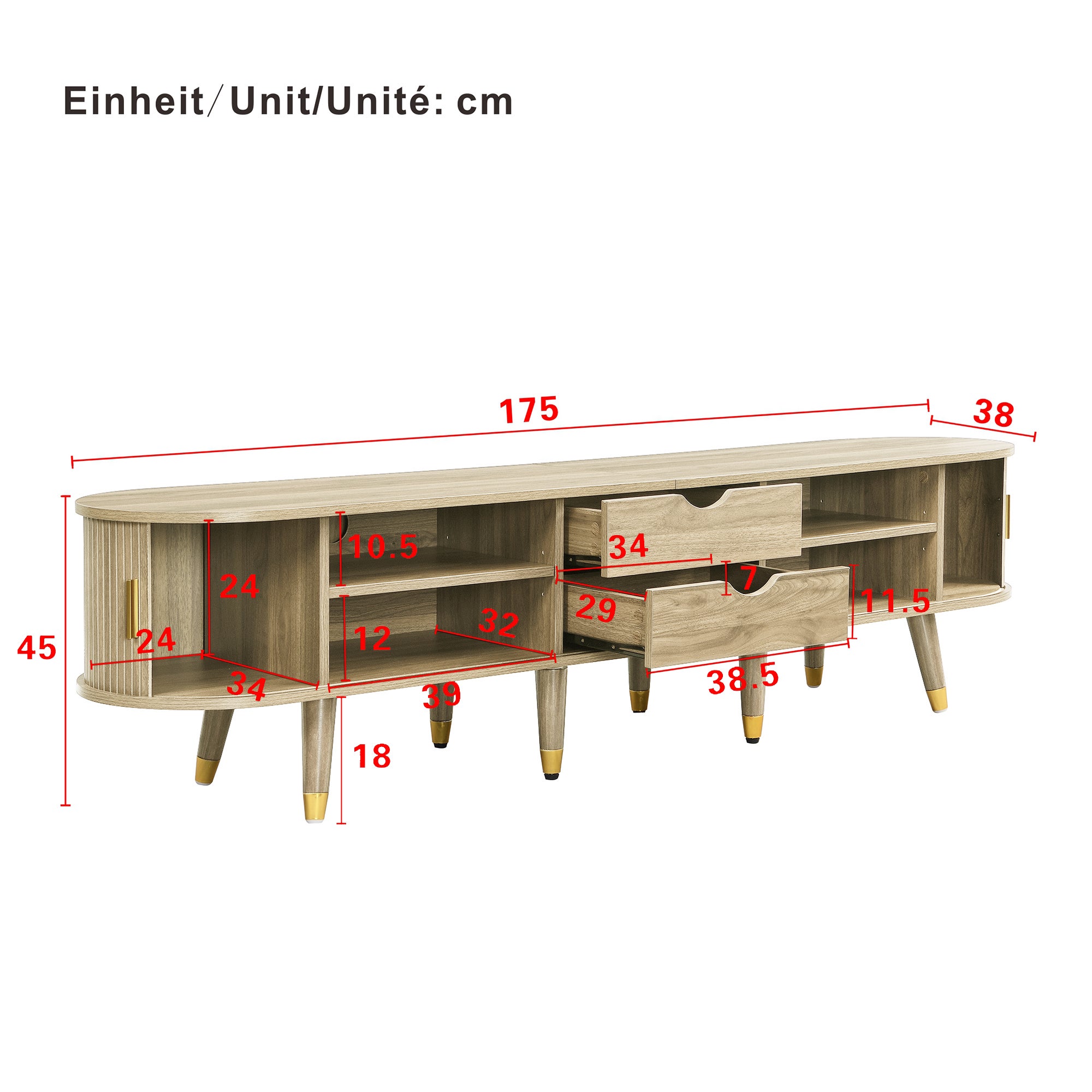 Stolik pod TV z 2 drzwiami przesuwnymi i 2 szufladami - 175 x 38 x 45 cm - MDF - Dąb - 4