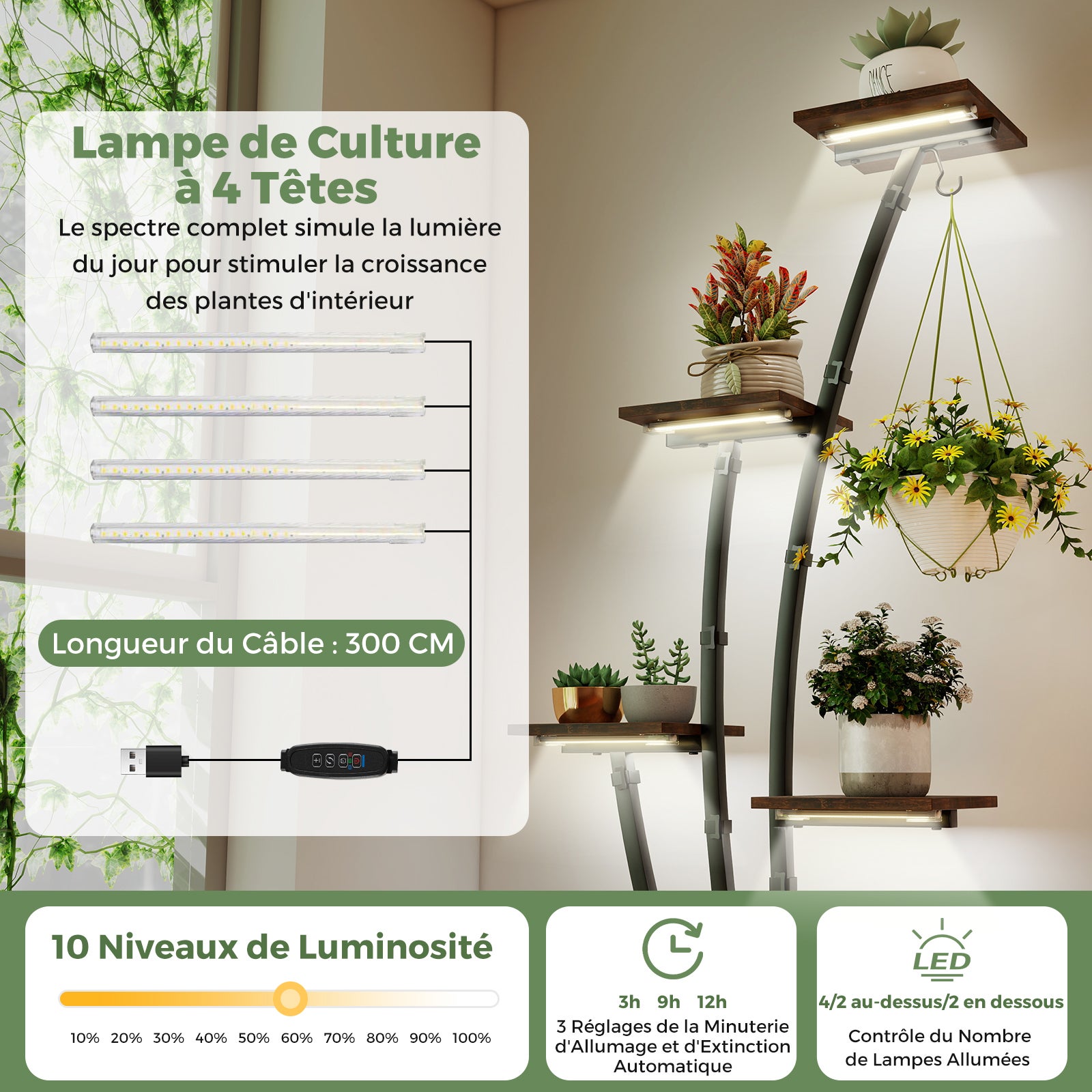Support de Plante en Métal à 8 Niveaux, Étagère à Fleurs d'Intérieur avec Lampes à Lumières Réglables, Présentoir de Fleurs Décoratif pour Salon - 6