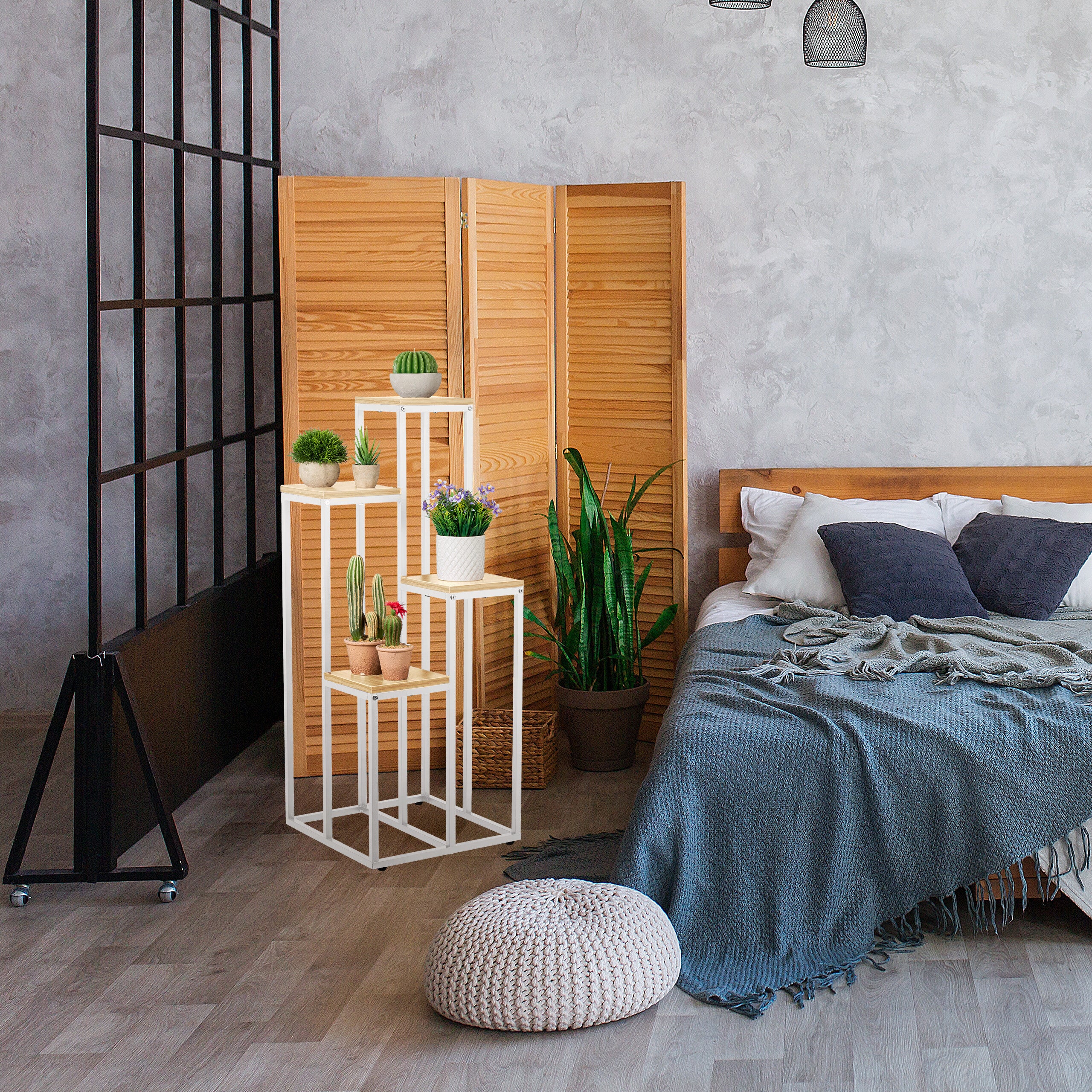 Étagère à plantes, 4 niveaux, 100x40x40 cm, peu encombrant, acier et MDF, escalier pour fleurs, blanc-nature, Relaxdays - 2