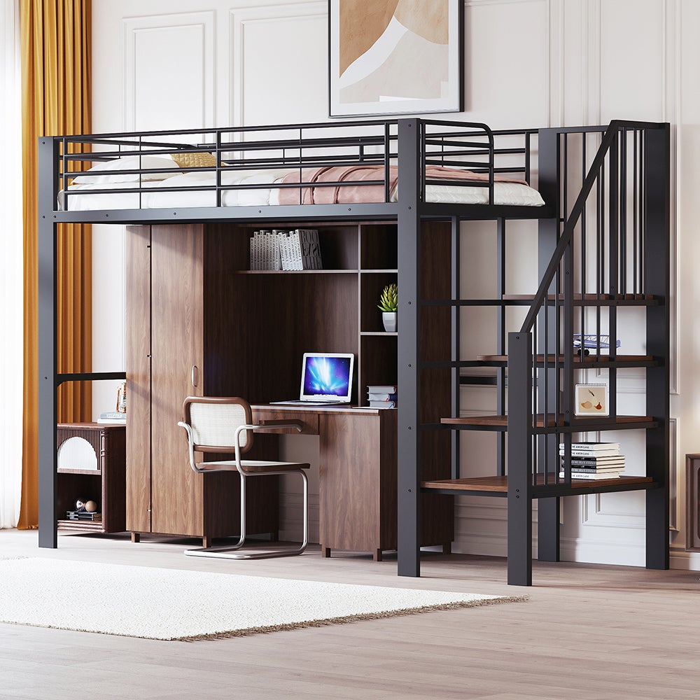 Lit mezzanine 90x200 avec structure métallique stable grand rangement sous lit et escalier pour enfants et adultes - 10