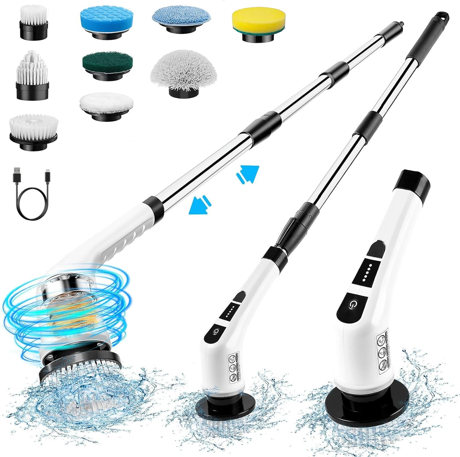 Brosse de Nettoyage Électrique Rechargeable sans Fil Brosse de Lavage Rotative avec 5 Têtes de Brosse Remplaçables Rotation 200/300 tr/min pour