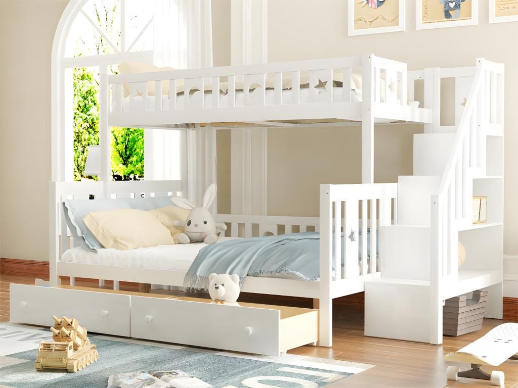 Cama Infantil Moimhear 90x200 Cm Con Almacenamiento | Incluye Cajones, Estantería Y Armario, Sin Colchón, Color Blanco, Capacidad 200 Kg