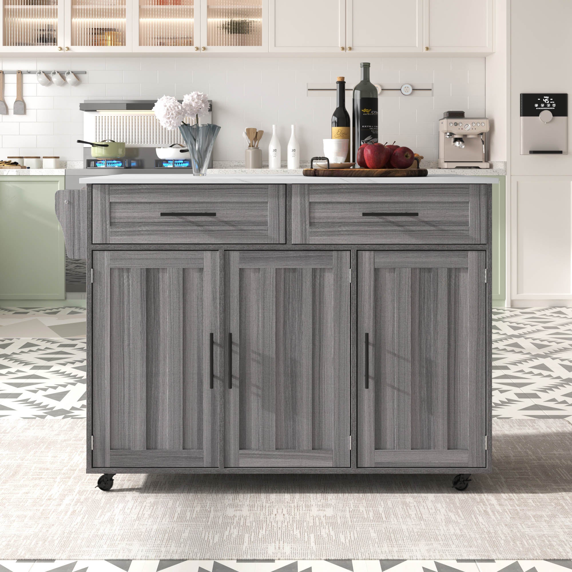 Carro de cocina multifuncional con bandeja de madera maciza, 5 ruedas, almacenamiento ajustable y cajones para cocina y comedor - gris