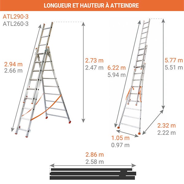 Echelle transformable 3x10 barreaux - Longueur déployée 6,22m - Sol plat ou escalier - ATL290-3 - 2