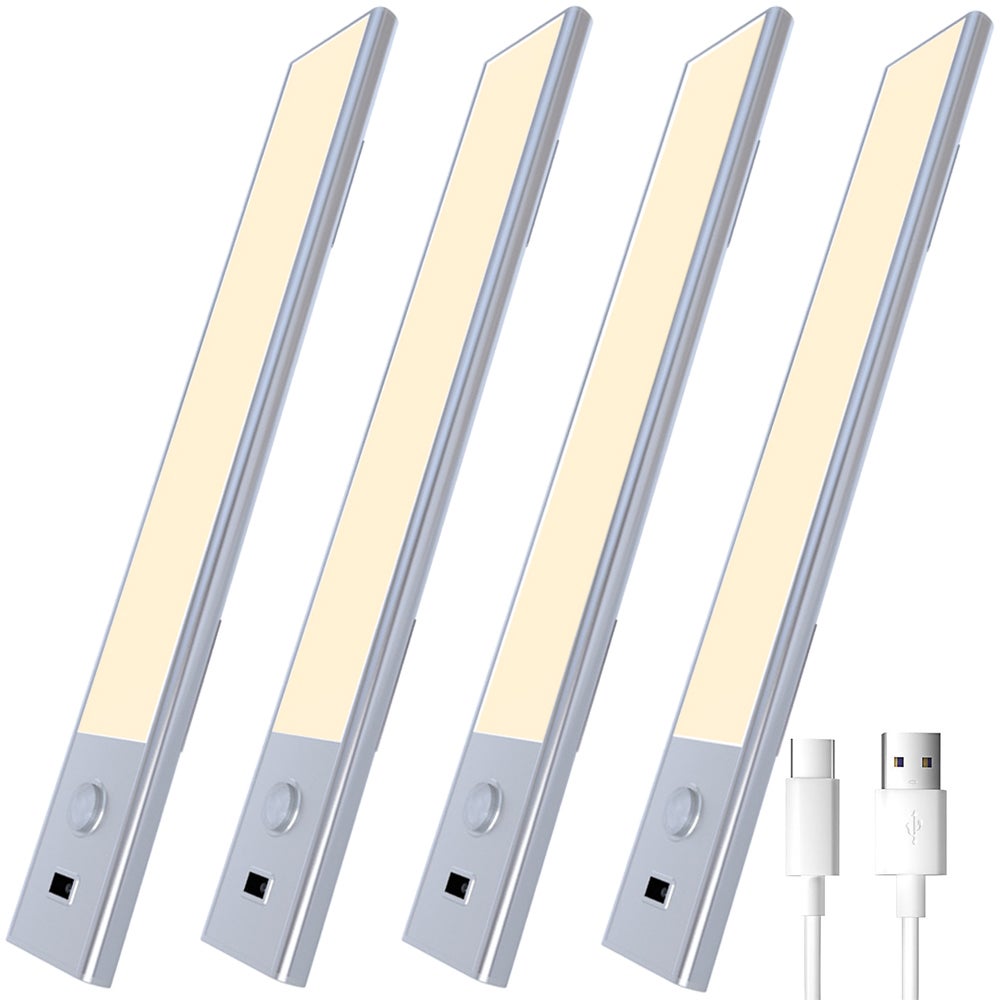 Zestaw 4 lamp LED podszafkowych z czujnikiem ruchu, ściemnialne oświetlenie szafy, lampka nocna z czujnikiem machnięcia ręką, 30 cm