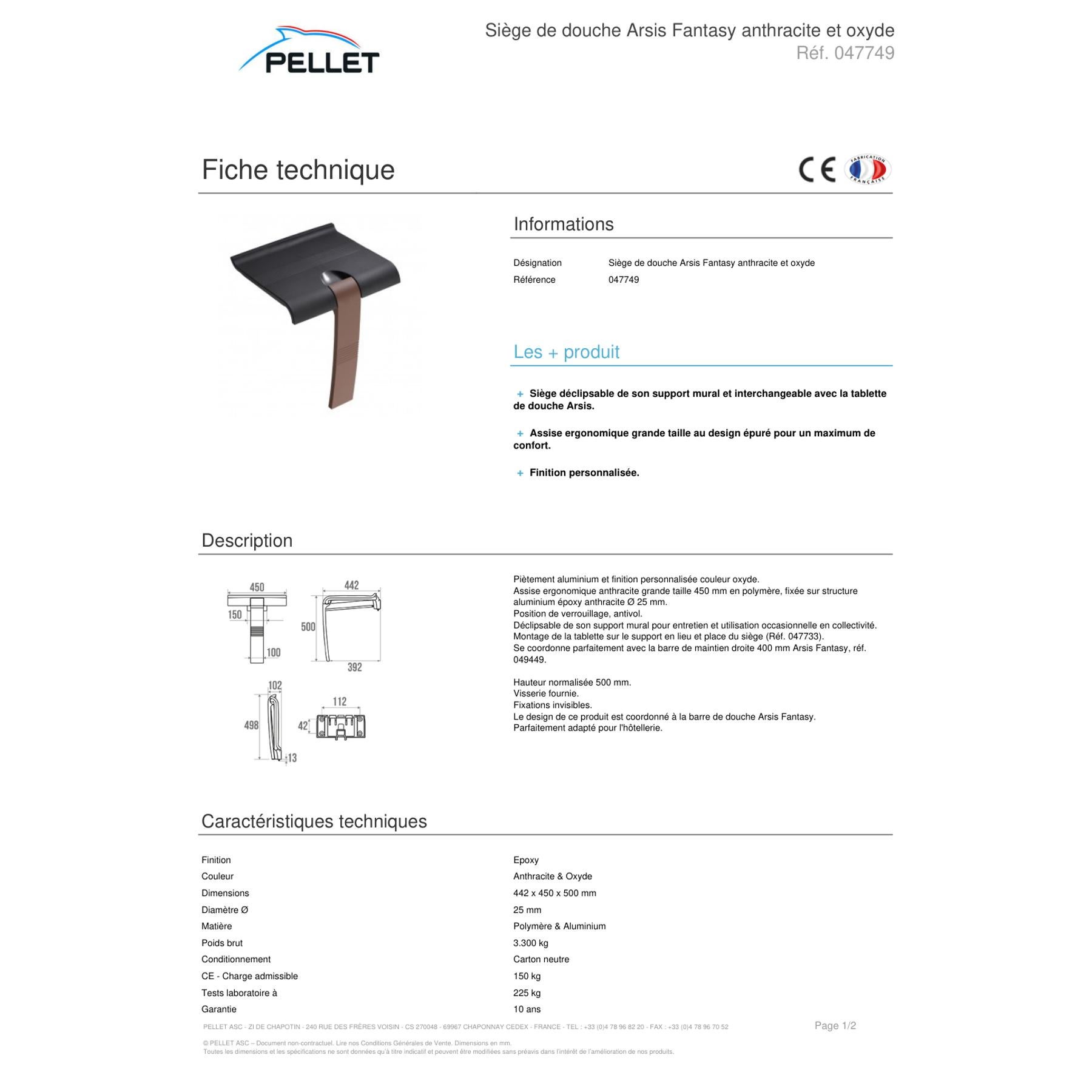 Siège de douche PMR PELLET Essentiel à fixer relevable