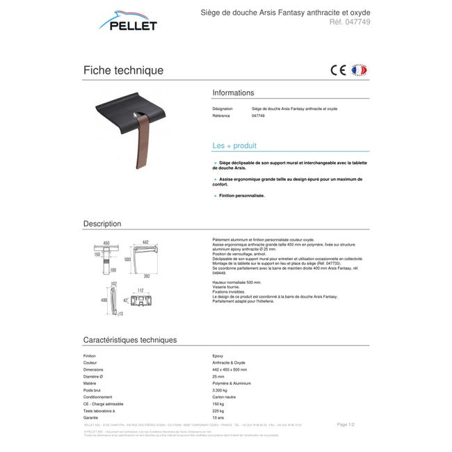 Siège de douche PMR PELLET Essentiel à fixer relevable Siège de douche PMR PELLET Essentiel à fixer relevable