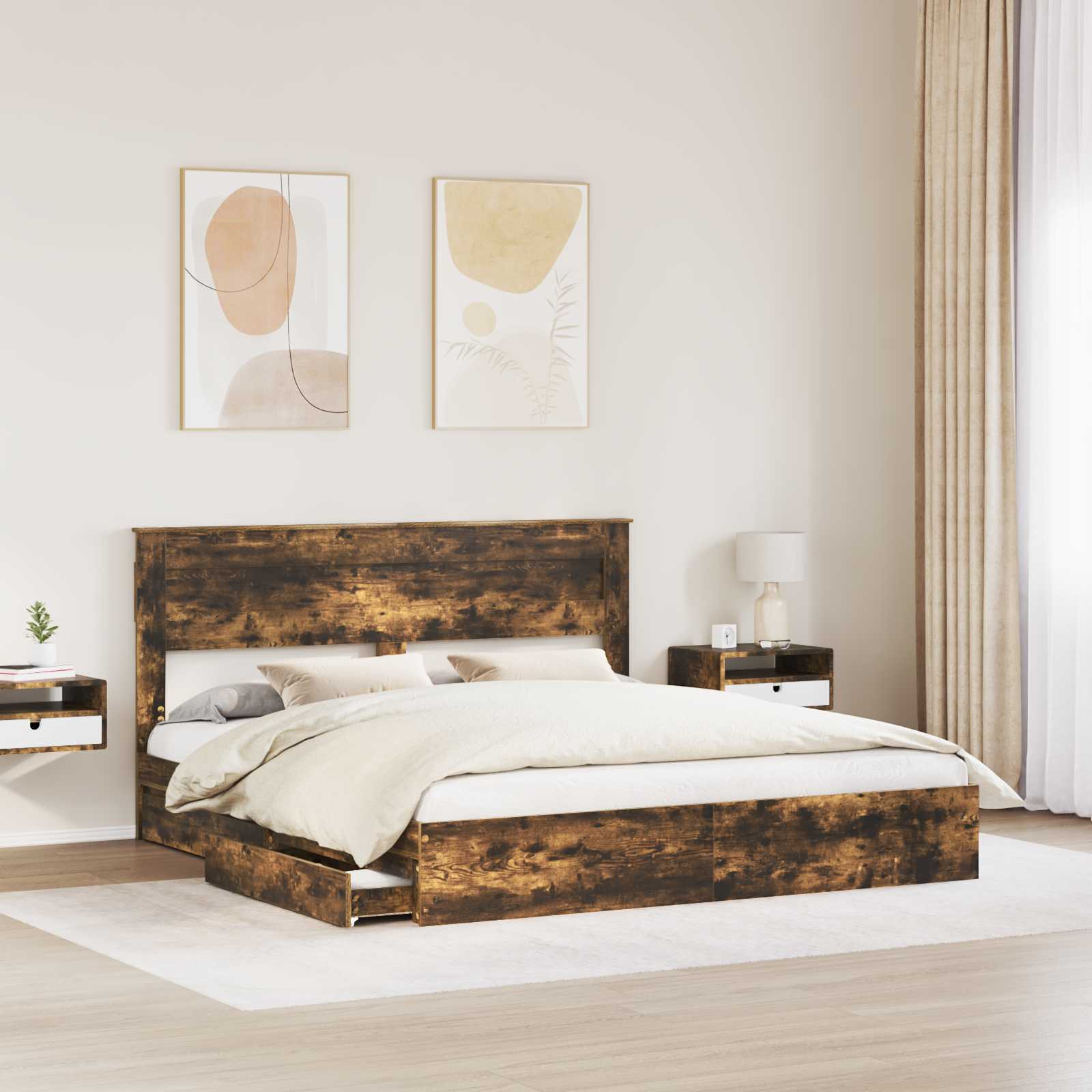 Lit avec rangement, panneau de bois, chêne fumé, pour la chambre, 180 × 200 cm - 3