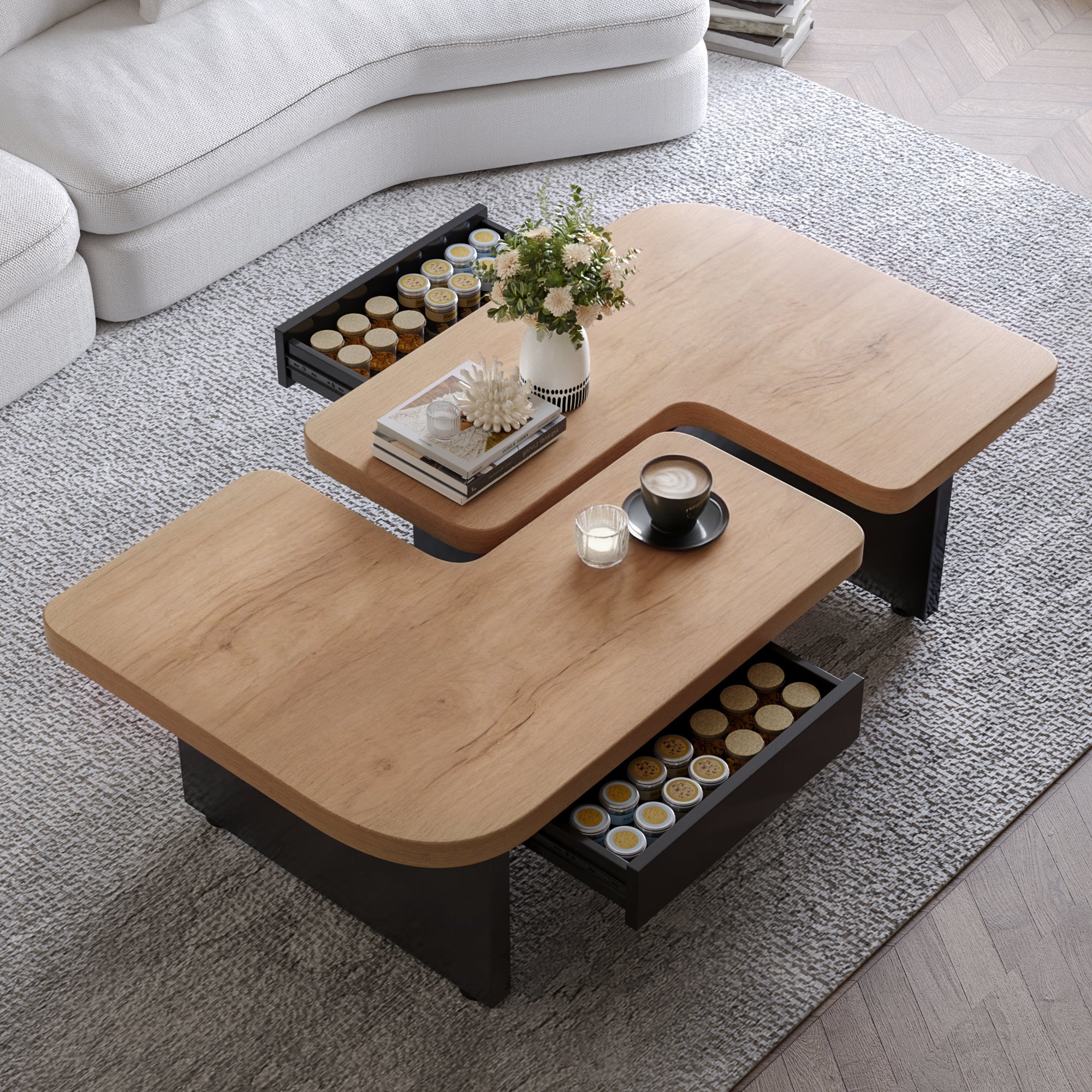Stolik kawowy 2 w 1 z 2 szufladami - 135 x 60 x 44,5 cm - Płyta MDF - Możliwość dowolnego łączenia - Diody LED - Kolor naturalny i czarny