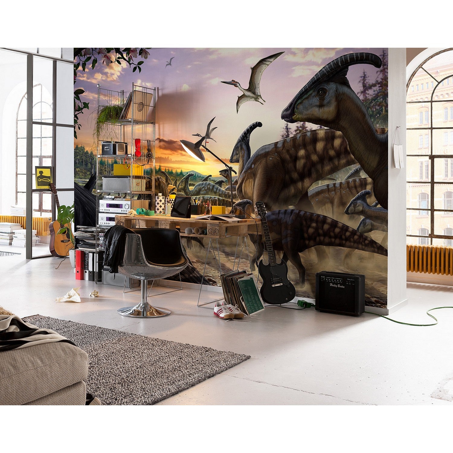 Fotomural dinosaurio beige, gris y morado - 450 x 280 cm - sanders & sanders