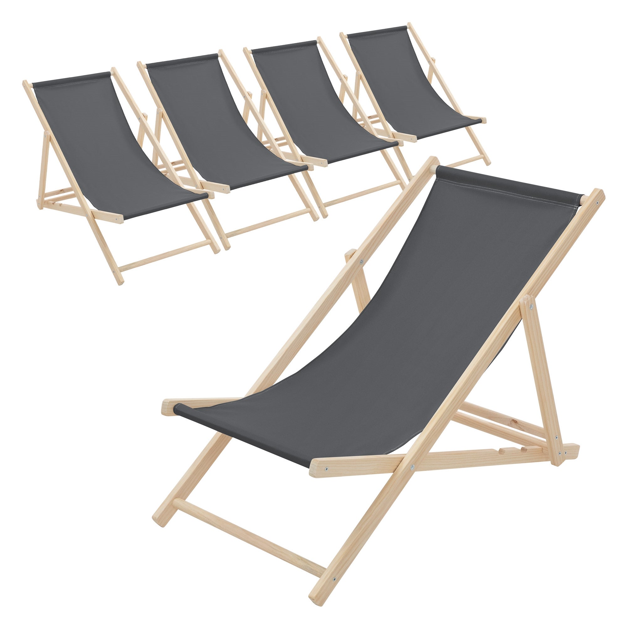 ECD Germany 5x składany leżak drewniany antracyt 3 pozycje odchylenia do 120 kg leżak ogrodowy relaksacyjny plażowy składany na taras ogród