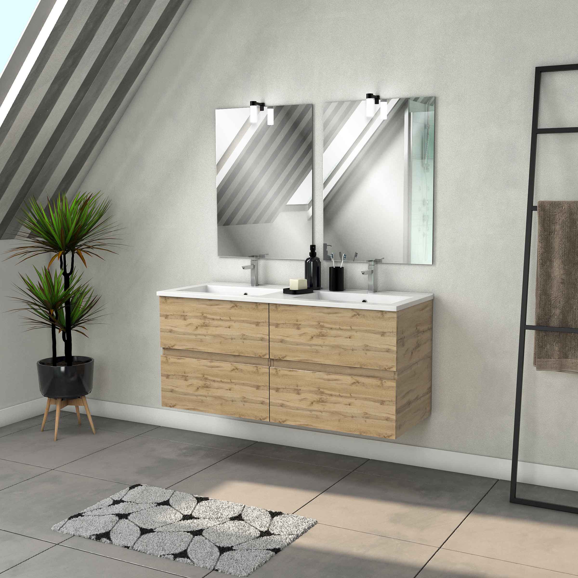 Mueble baño 120 cm roble natural 4 cajones + lavabo y espejos led