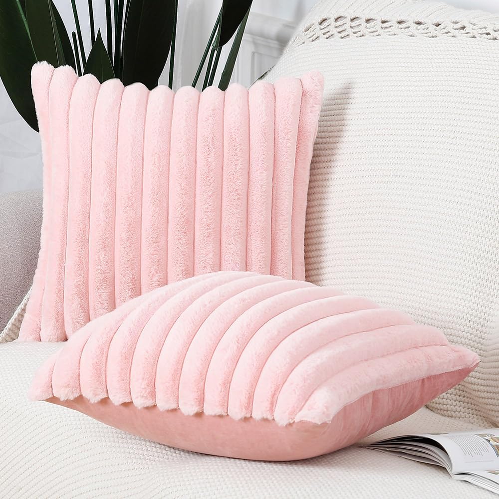 Lot de 2 housses de coussin décoratives en fausse fourrure, 45 x 45 cm, à rayures, douces et moelleuses, pour canapé et chambre à coucher - 3