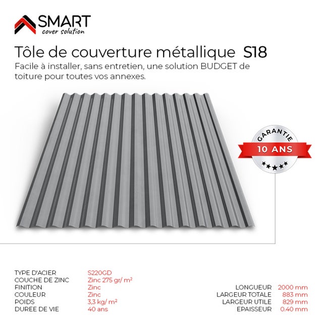 Tôle bac acier - Toiture - Couverture - plaque S18 Galvanisé Dimensions 2000x883x0.40mm Zinc 275 gr S220GD