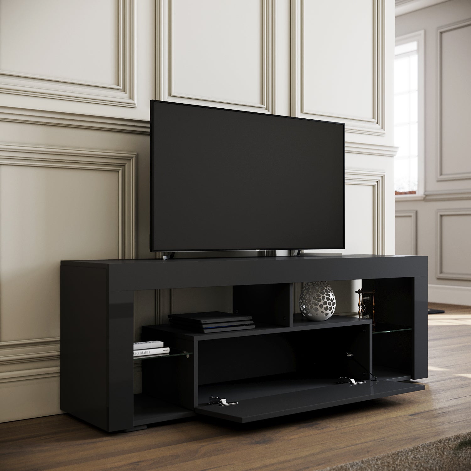 SIRHONA Meuble TV LED Noir,Banc TV 140x35x45cm,Éclairage LED RGB avec Couleur réglable,Convient pour Salon ou Chambre - 7