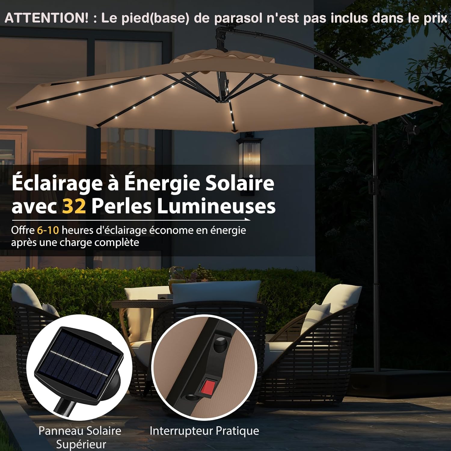 Parasol Déporté 3M avec 32 LED Solaires, Parasol de Jardin 8 Baleines avec Tissu Protection Solaire, Parasol Inclinable Rotatif à 360° (Brun) - 7