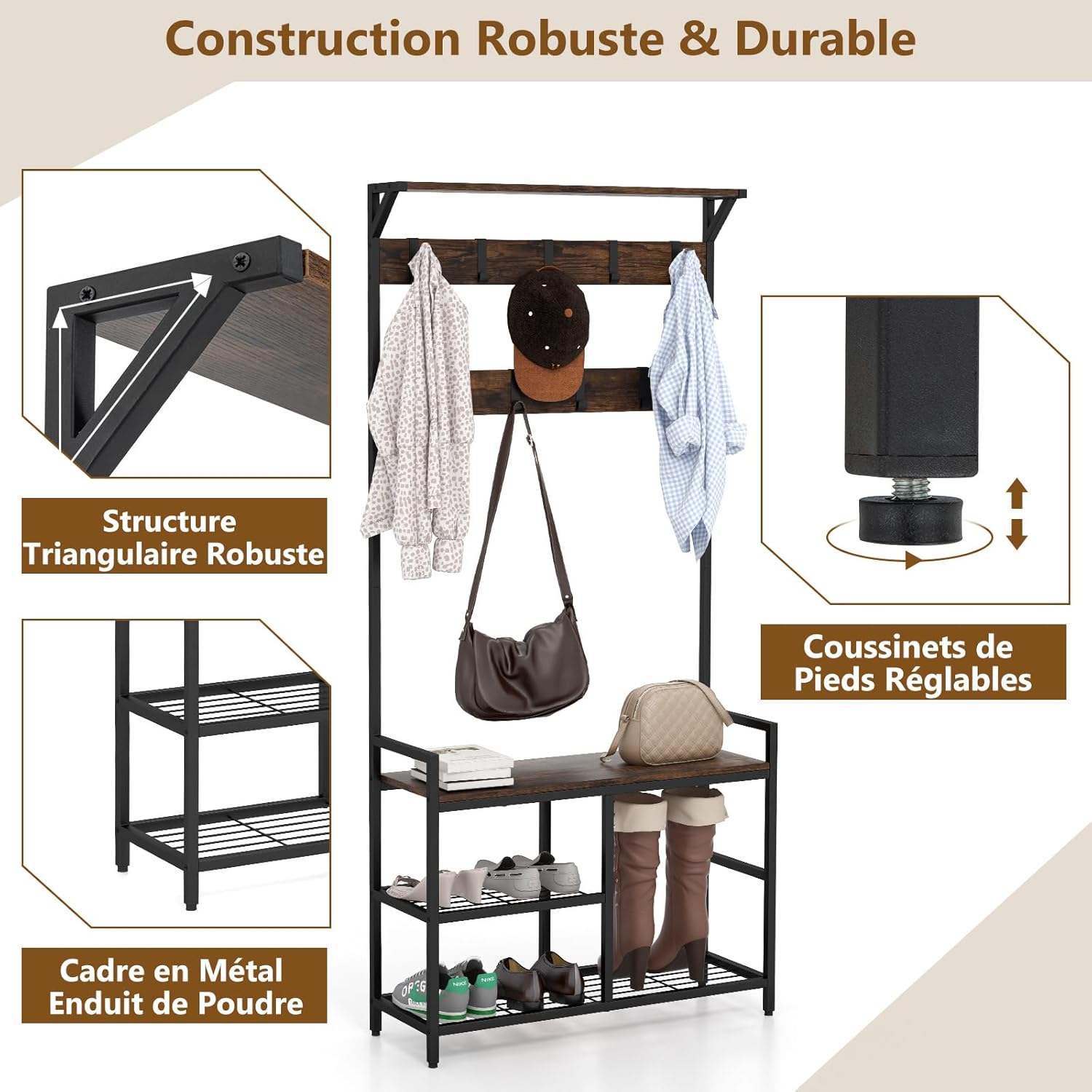 Porte-manteau Industriel Avec Banc Et étagères à Chaussures - 4 En 1, Cadre Métal, Rangement Entrée/couloir, 60 Cm - 6