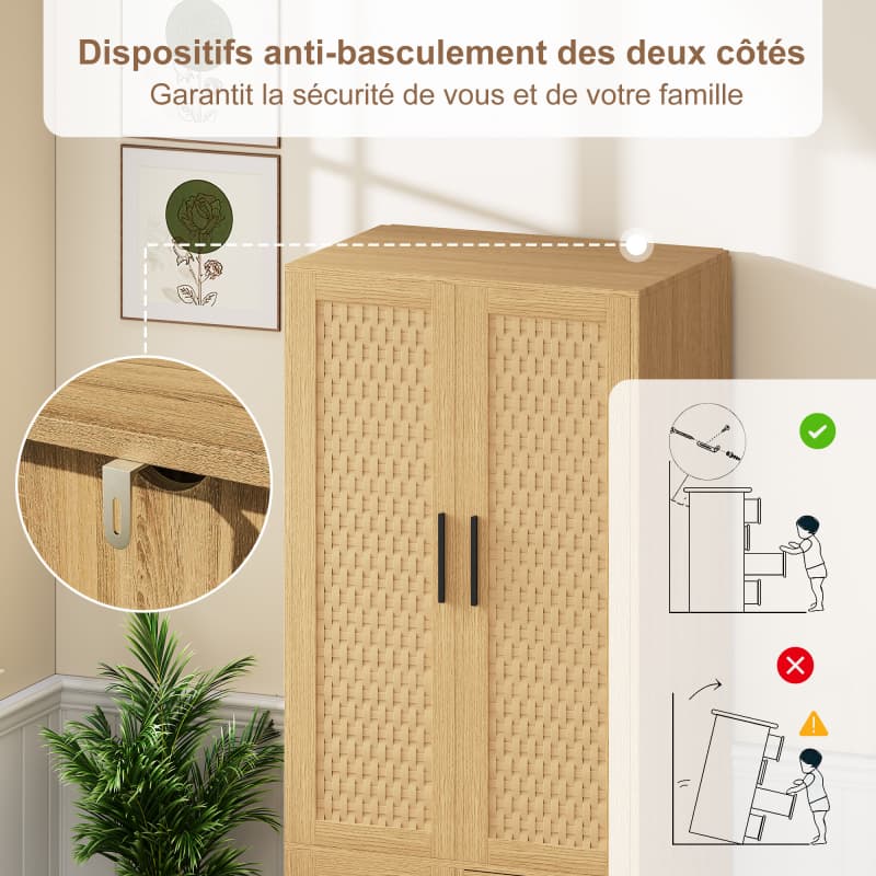 Móvel de arrumação madeira carvalho, portas rattan, 2 gavetas, 1 compartimento, estilo escandinavo, pés madeira, para quarto e sala. - 9
