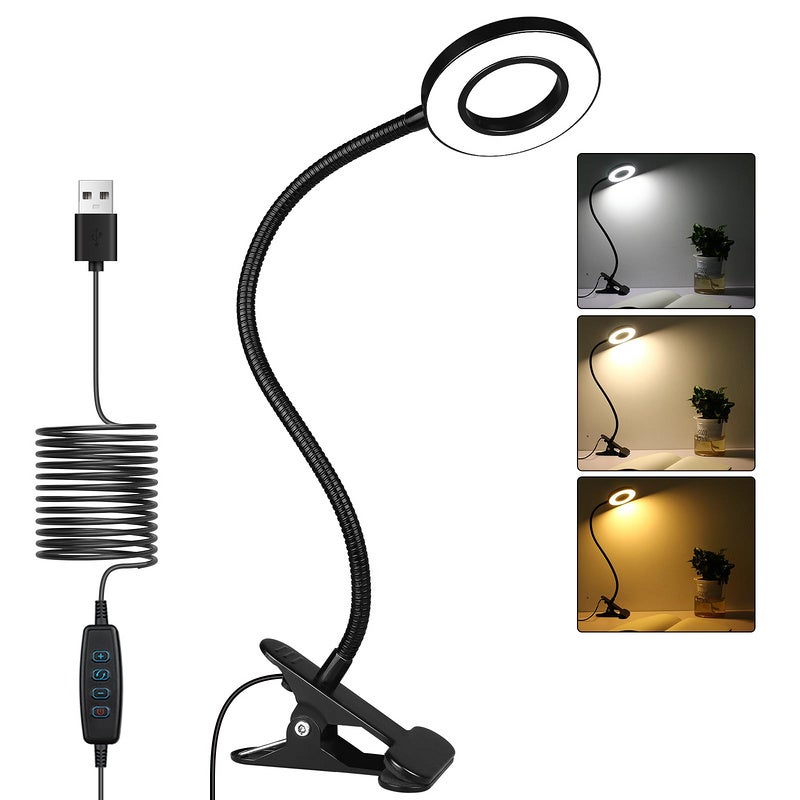 Lampka biurkowa z klipsem LED elastyczna lampka do czytania z klipsem tryby oświetlenia i poziomów jasności lampka biurkowa LED USB czarna