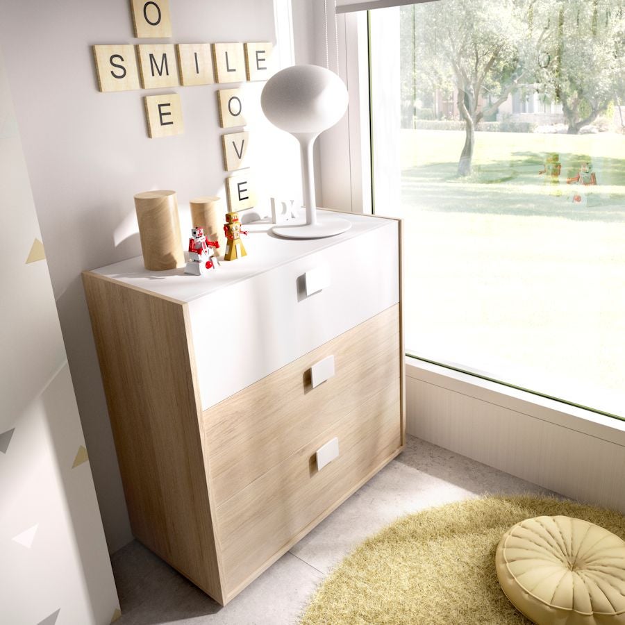 Cómoda Dina com 3 gavetas - Natural e Branco 81 A X 80 AN X 43 P - 2