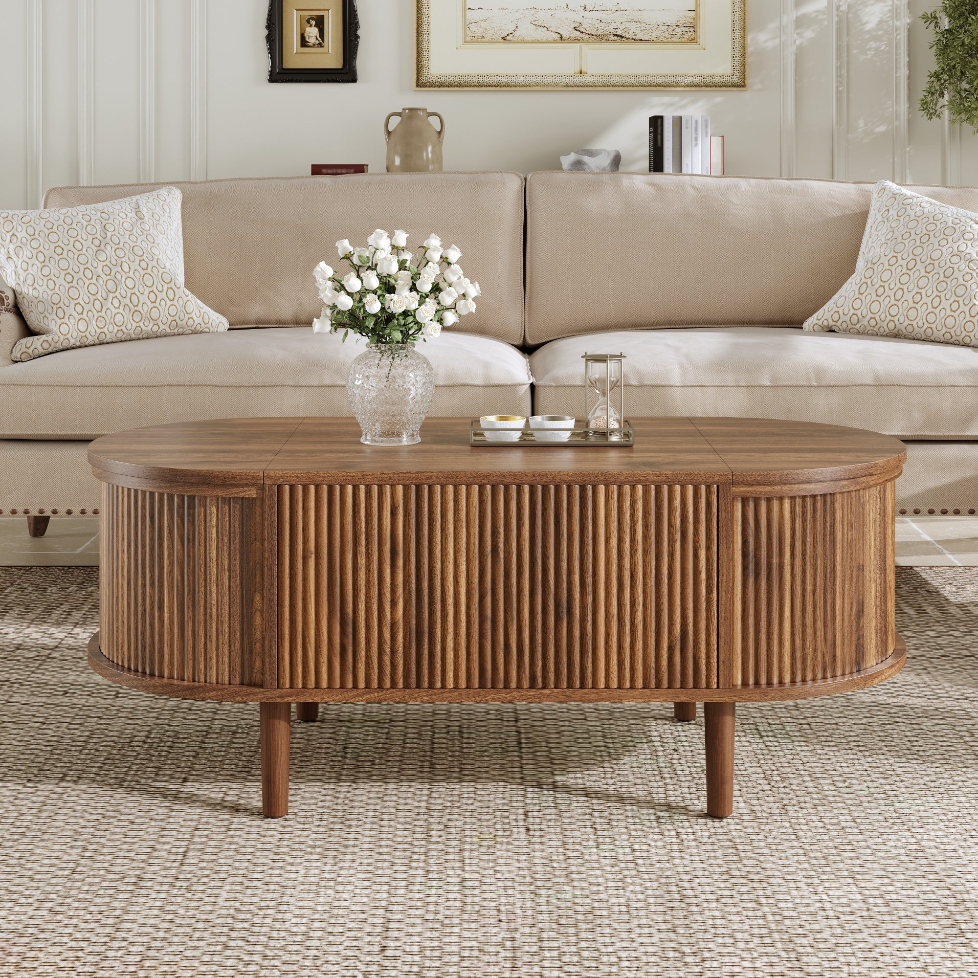 Owalny stolik kawowy z podnoszonym blatem – 100 x 48 x 53,5 cm – MDF i nogi z litego drewna – orzech - 2