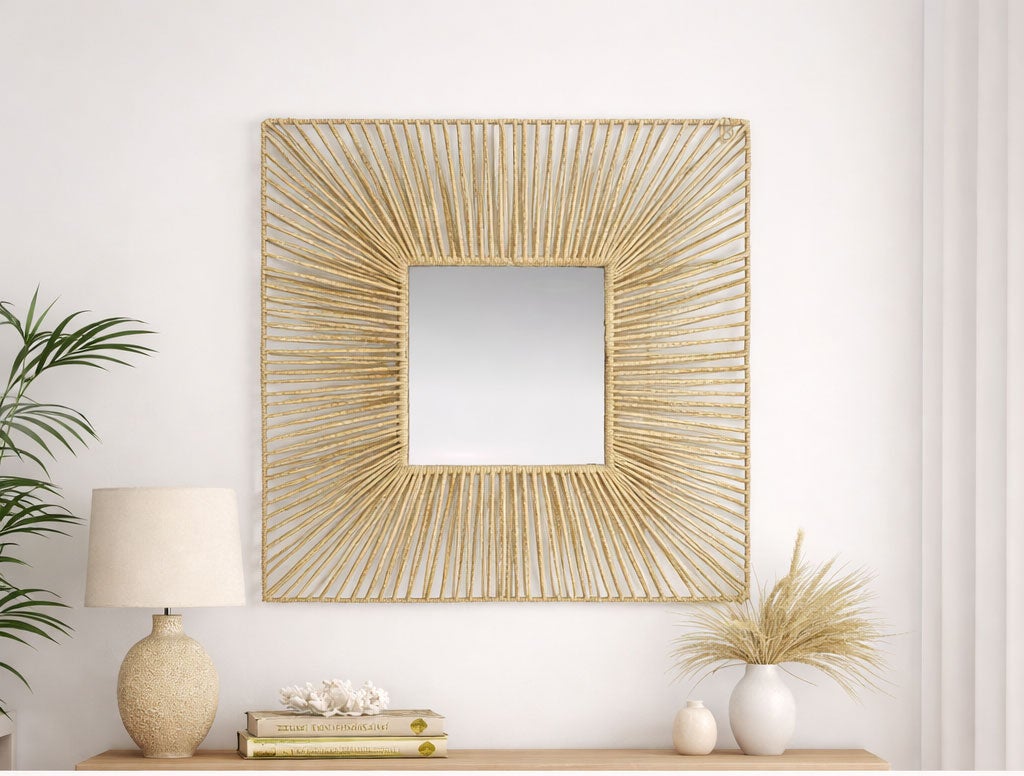 Espejo Decorativo Cuadrado de Ratán Natural 70 × 70 cm – Estilo Boho - 2