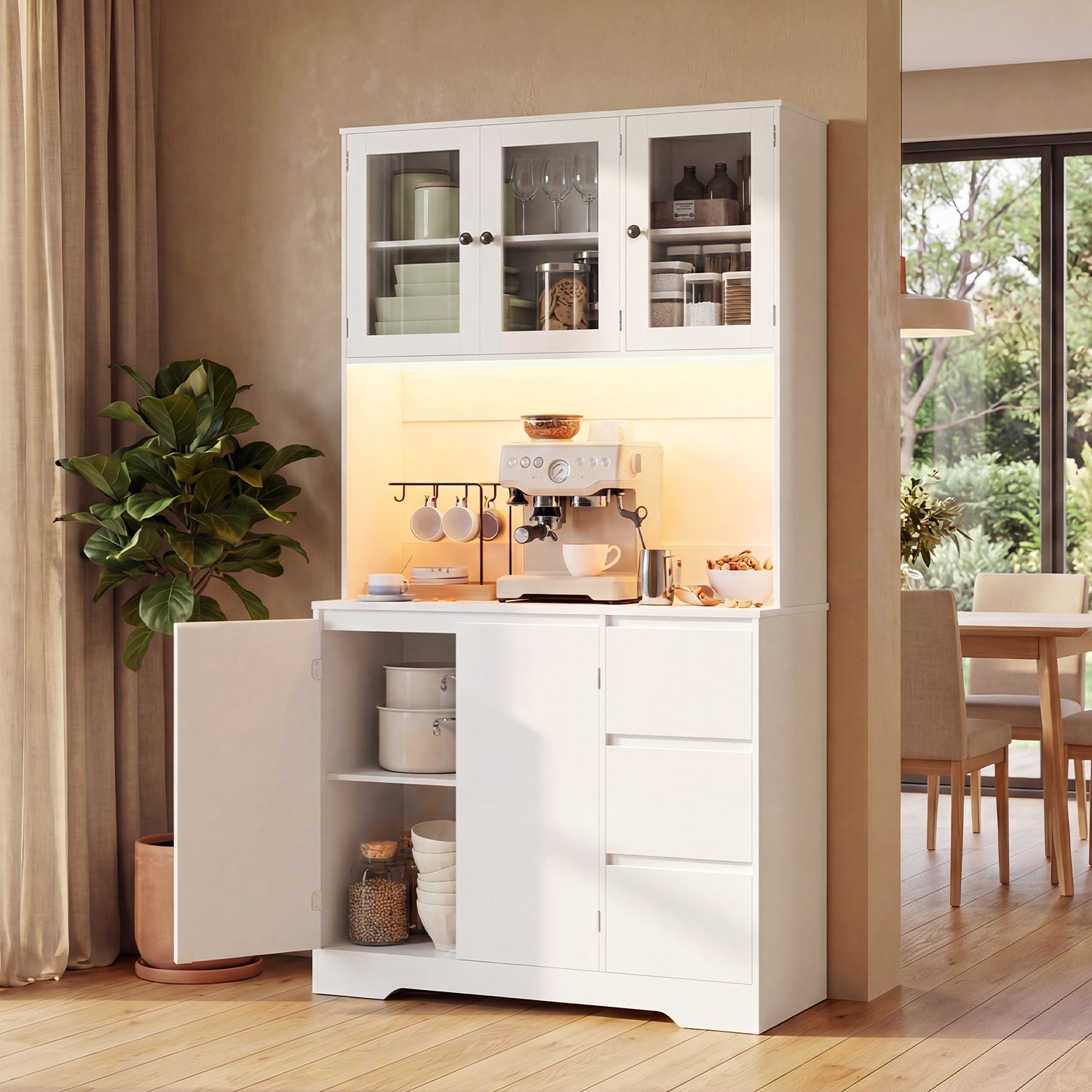 Meuble de rangement cuisine haut blanc,180 cm,avec portes vitrées,avec 3 tiroirs et 5 portes et compartiments - 2
