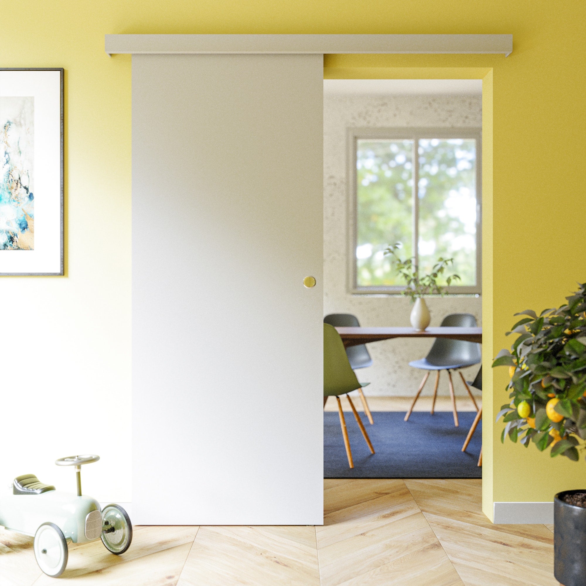 Porte Coulissante avec Rail - Prépeinte Plane 83 cm - Sans butée - 3