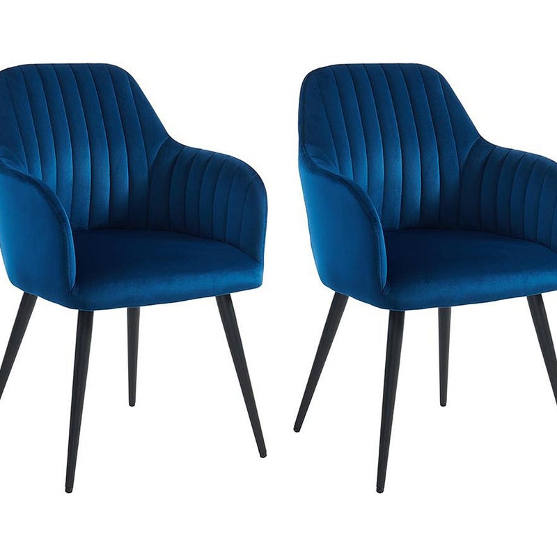 Zestaw 2 krzeseł ELEANA z podłokietnikami – welur i metal w kolorze czarnym – kolor niebieski