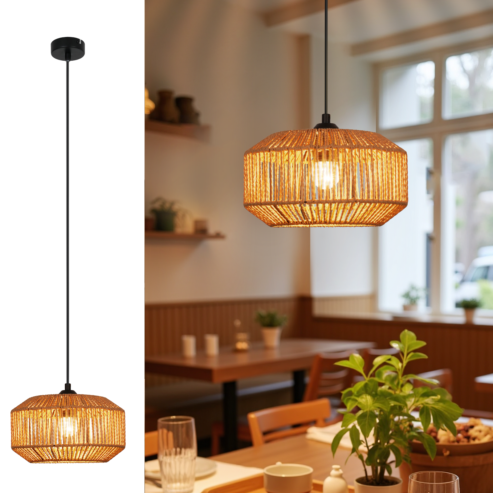 Nettlife Lampa wisząca 1-płomieniowa E27, Vintage, lina konopna, design latarni, Lampa do jadalni