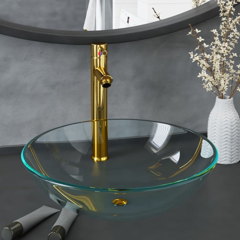 Umywalka łazienkowa z kranem i korkiem, gładkie szkło hartowane vidaXL