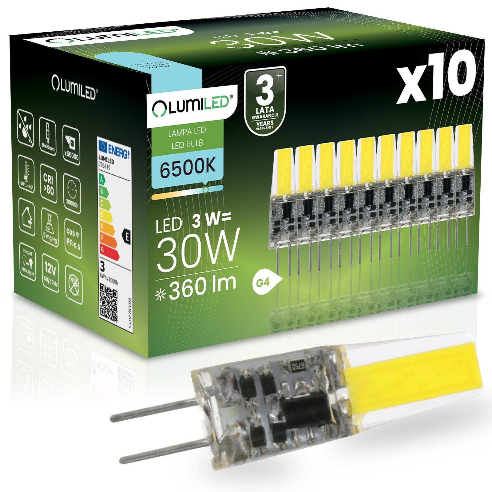Żarówka LED Lumiled G4 Kapsułka 3W 360lm 6500K Zimna biel 360st 12V 10 szt.