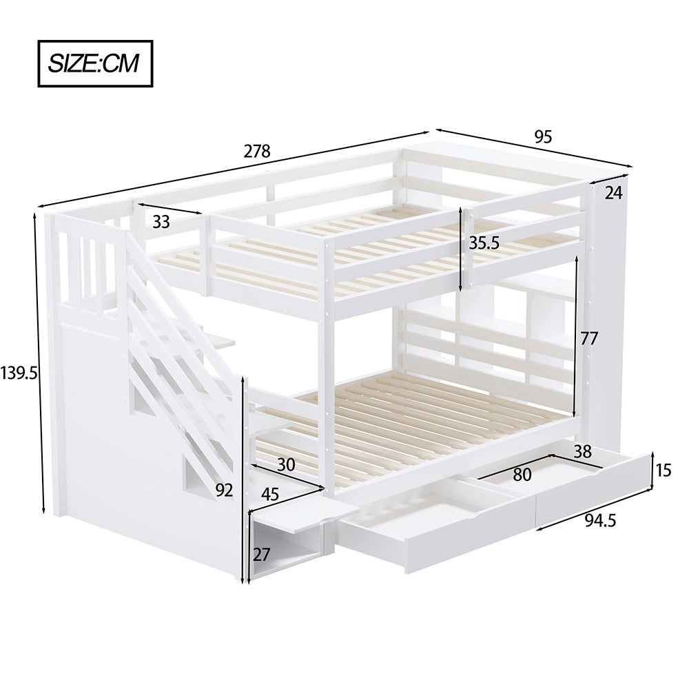 Lit superposé enfant 90x200 cm avec 2 tiroirs - Escalier de rangement - Étagères ouvertes - Barrière haute - Sommier à lattes - Blanc - 4