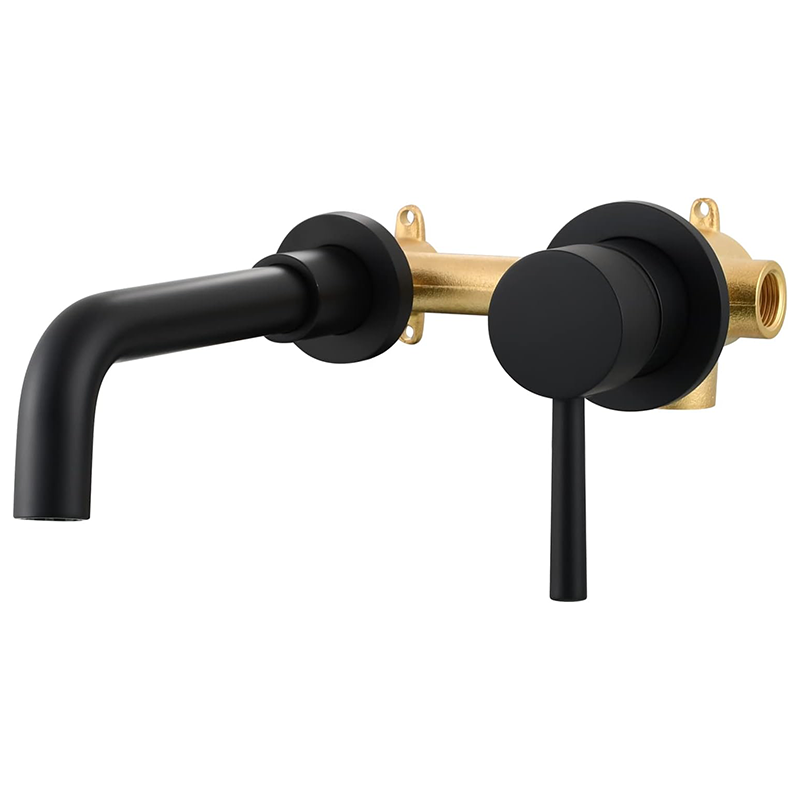 Czarny, 2-otworowy, ścienny kran umywalkowy z mosiądzu z mieszaczem i ciepłą i zimną wodą do łazienki